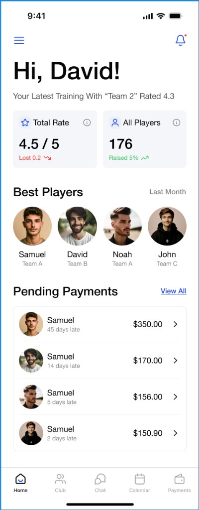 VolleyBoom dashboard showing training summary, best players, and pending payments